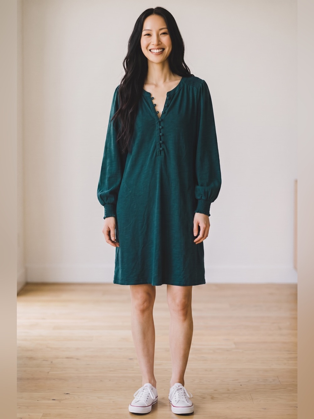 J. Jill Dark Teal Long-Sleeve Button Placket Dress with Button V Neck